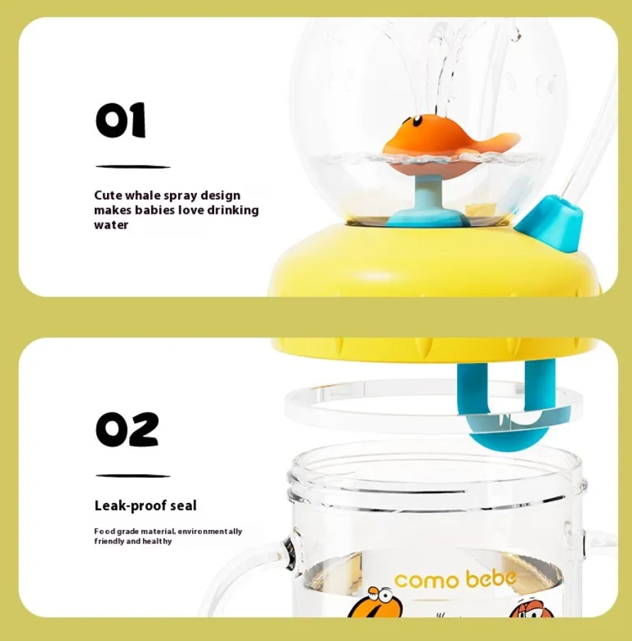 Bouteille d'eau fontaine de plongée pour enfants motif baleine - Gobelet antifuite en Tritan (Diverses tailles et couleurs)